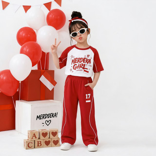 Merdeka Girls Setelan Anak Perempuan 17an Merah Putih Baju Fashionable Nyaman Celana Skena 3-12 Tahun