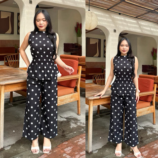 NONI-Set Polkadot Bahan Rayon Kekinian Satu Set Baju dan Celana Panjang dengan Desain Polkadot yang Menarik