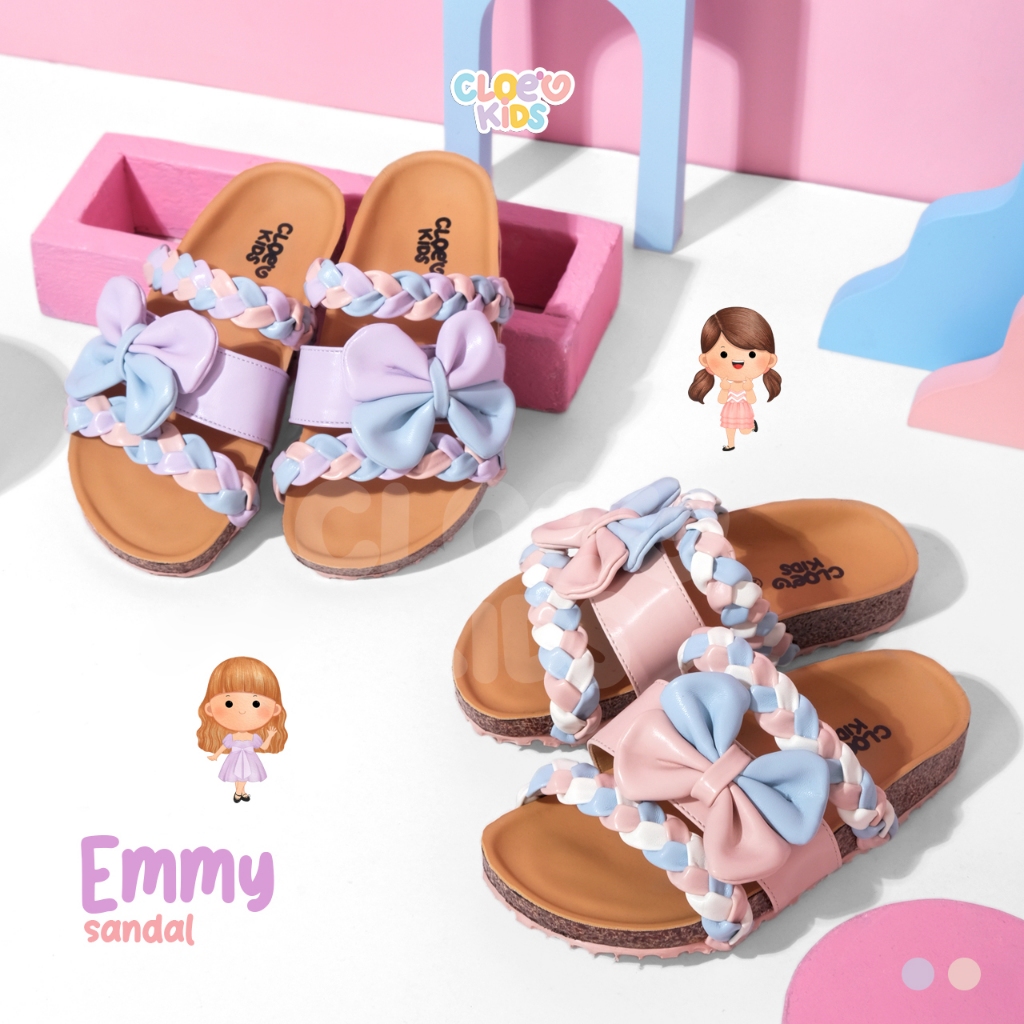 CLOEVKIDS - Emmy Size 22-35 รองเท้าแตะริบบิ้นถักเด็กผู้หญิงแบบสวมแบนสไตล์เกาหลีน่ารัก