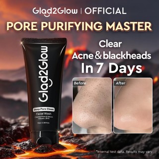 Glad2Glow Deep Pore Clean Facial Wash Pembersih Wajah Charcoa Volcanic Soil BHA Salicylic Acid Deep Cleansing Minyak Berlebih Kotoran jerawat Blackhead Exfoliate Gentle Foam Non Drying Non rritating Untuk Kuit Berminyak sabun cuci muka G2G Cleanser