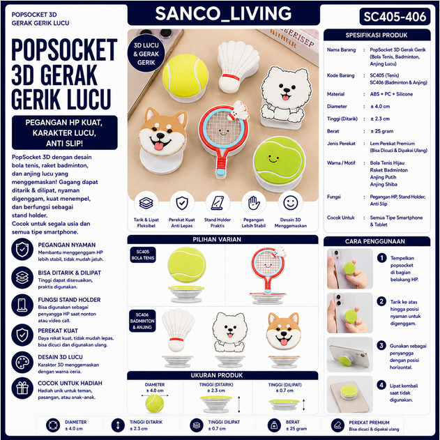 แรงม้า ซันโค | SC405, 406 PopSocket ลูกเทนนิสแบดมินตันสุนัขน่ารักพร้อมที่จับโทรศัพท์มือถือ 3D