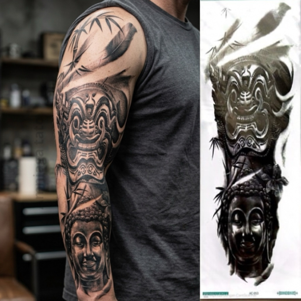 Buddha Face Full Arm Tattoo รหัส AC-053 | รอยสักแขนหน้าอกร่างกาย Unisex ขนาด 48x17ซม | ภาพจริงชั่วคร