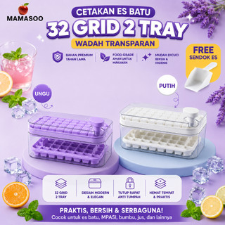 MAMASOO Cetakan Es Batu 32 Grid 2 Tray Wadah Transparan / Ice Cube Maker Dengan Press Handle Sekali Tekan Food Grade Free Sendok Es