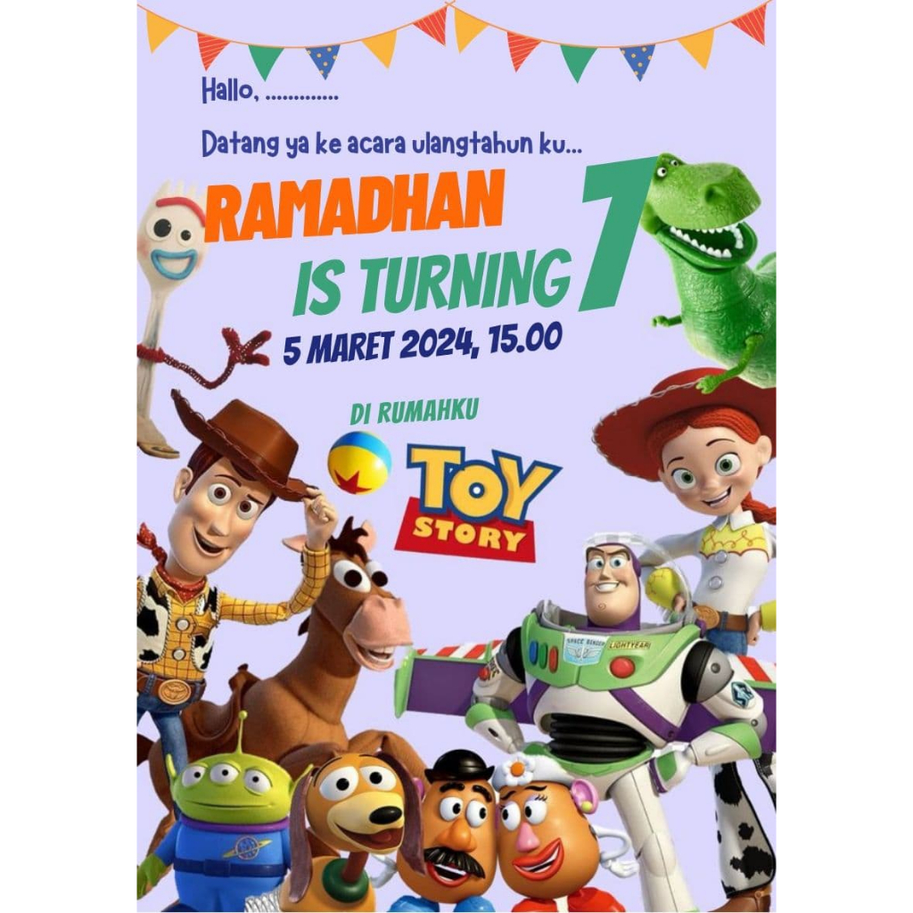 Toy Story Woody Buzz Toys Story Theme คําเชิญวันเกิดเด็กสามารถเพิ่มรูปถ่ายฟรีพลาสติก
