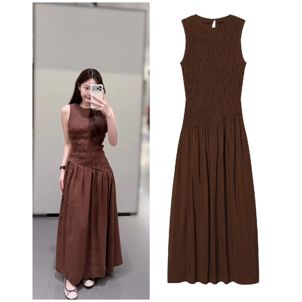 Maji.fashion Coffee Voluminous Sleeve Wedding Guest Midi Dress