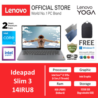 [Best Seller] Lenovo Ideapad Slim 3 14IRU8 Intel Core i3 1315u - Ram 8GB Storage 512GB SSD Windows 11 + OFFICE 14.0 INCH FHD BLIT -5MID
