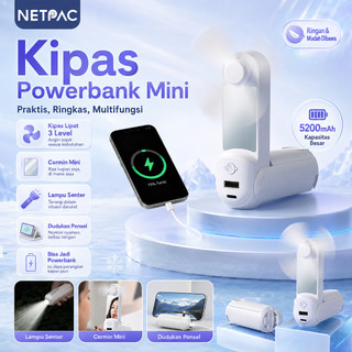 NETPAC FA19 Kipas Angin Mini Portable 5 in 1 Powerbank Mirror Lamp Holder Lipat Pocket Mini Fan Ori