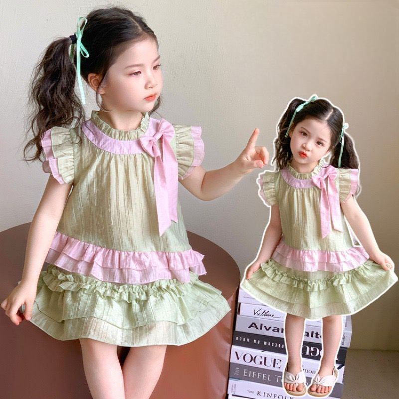 HIJAU [KIDSFASHIONCOLLACTION] 2094 Yubin ชุดกระโปรงชีฟองสีชมพูสีเขียวมัดย้อมชั้นนัวเนียสาว