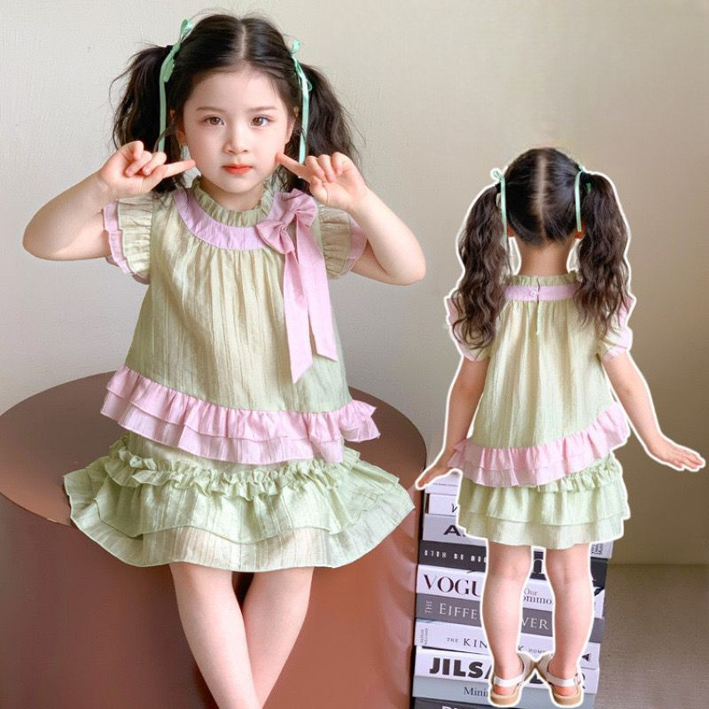 HIJAU [KIDSWONDERLY] 2094 ชุดกระโปรงเด็กผู้หญิงสีชมพูมิ้นท์สีเขียวมัดย้อมชั้นนัวเนีย Yubin ชุดกระโปร