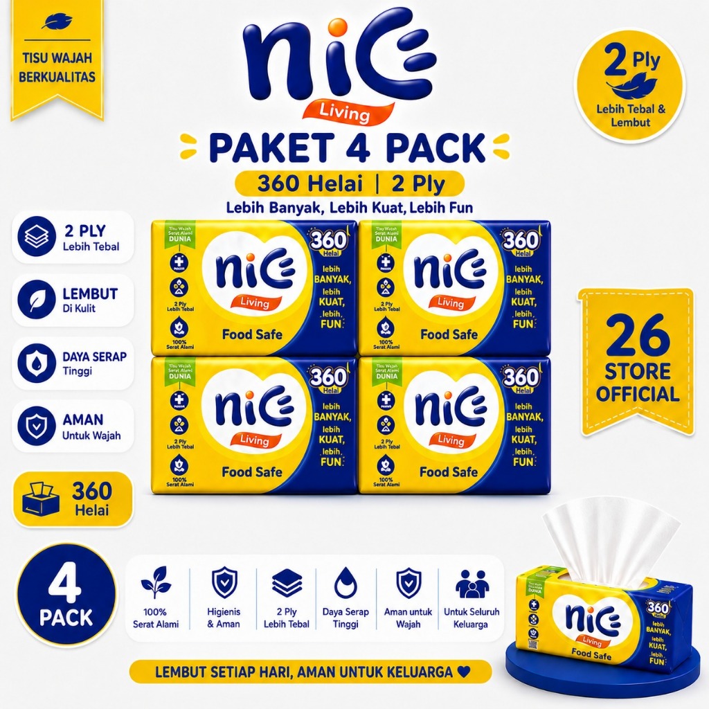 [4 PACK] NICE 360 SHEETS FACIAL TISSUE SMOOTH Nice 180Sheep- 2 ชั้น