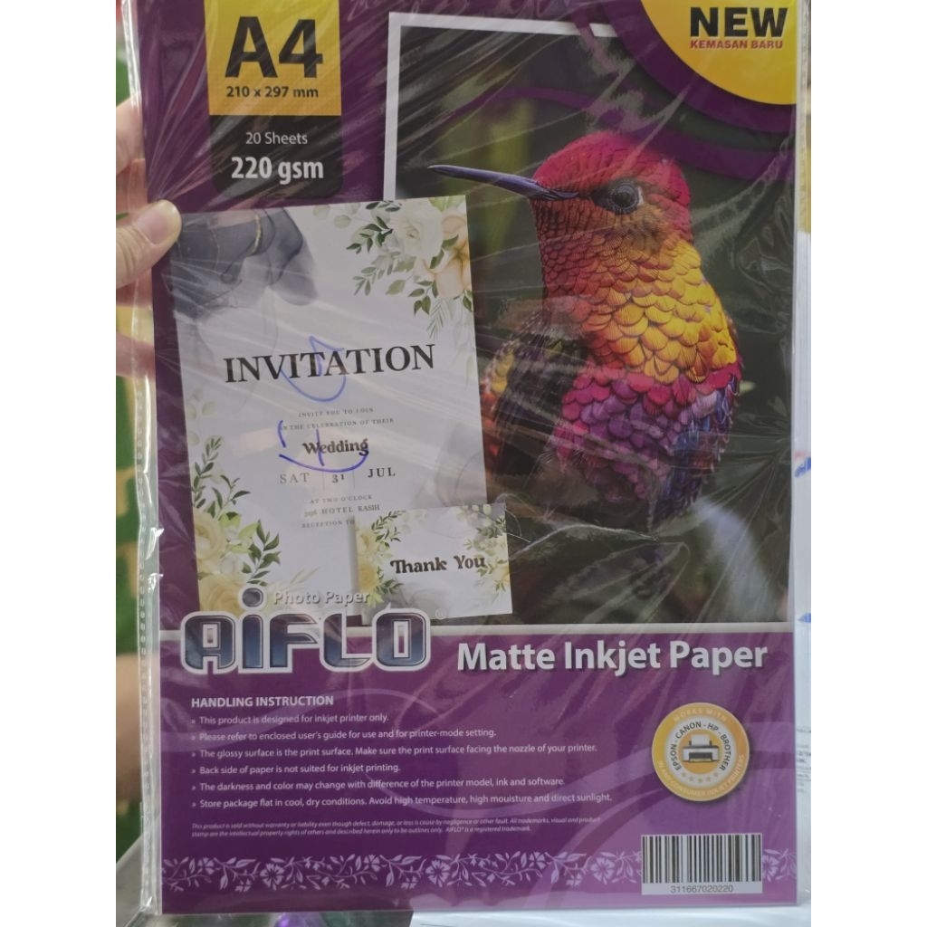 INKJET PAPER MATTE A4 220 แกรม บรรจุ 20 แผ่น