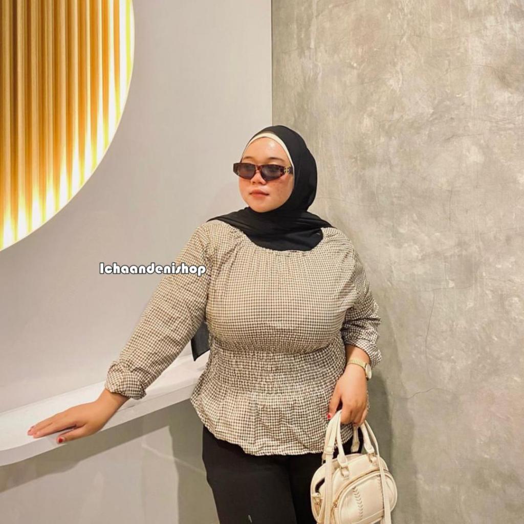 ICH - เสื้อเบลาส์จับจีบลายตาราง Gia Jumbo สําหรับผู้หญิง ไซส์ใหญ่ อินเทรนด์