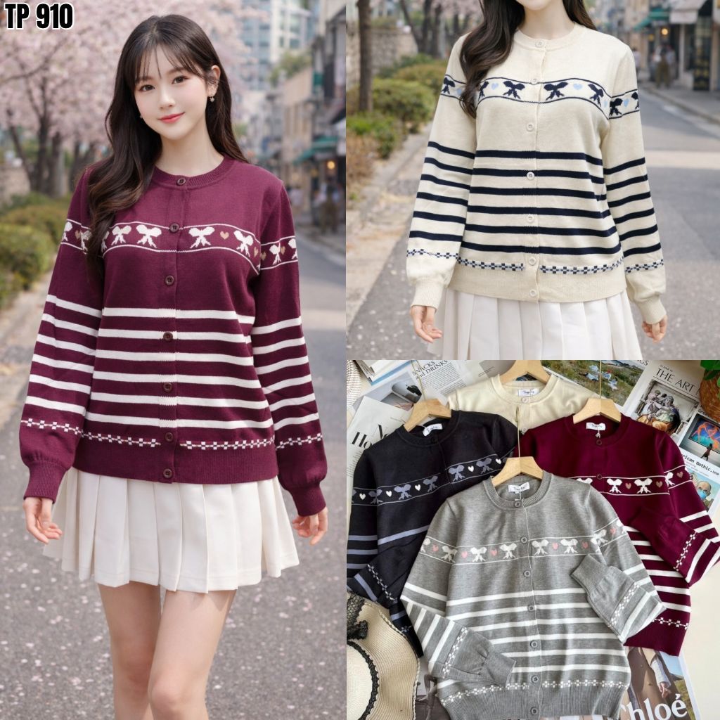 HAPPY SHOP - LOVELY STRITED CARDIGAN TOP FOR WOMEN 910 TP910 PREMIUM KNIT, MODERN, FASHIONABLE