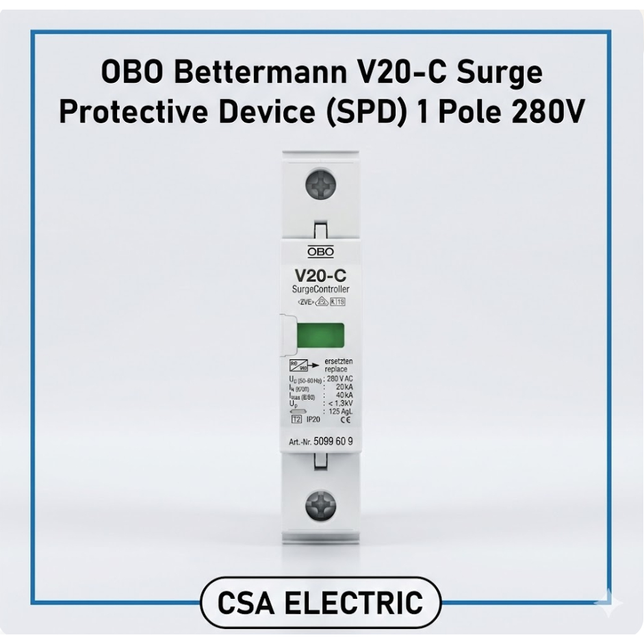 OBO Bettermann V20-C อุปกรณ์ป้องกันไฟกระชาก (SPD) 1 เสา 280V AC 40kA Lightning รองรับ 1 เฟส 5094760