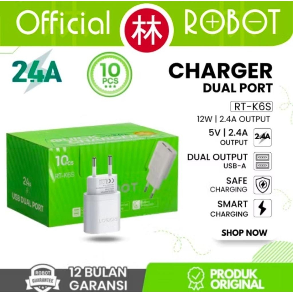 Robot RT-K6S Travel Charger Adaptor Batok Charger Dual Output 2.4A ใหม่ RT-K6 -