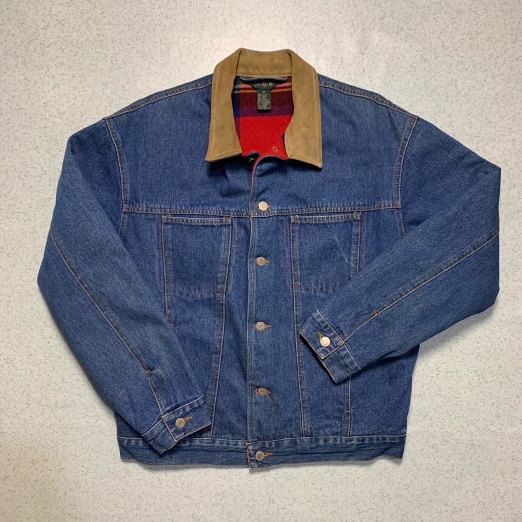 J Crew Denim / Jeans Jacket Type 3 Vintage 90s Suede collar Wool Lining. ไม่ใช่ RRL Momotaro หัวใจเห