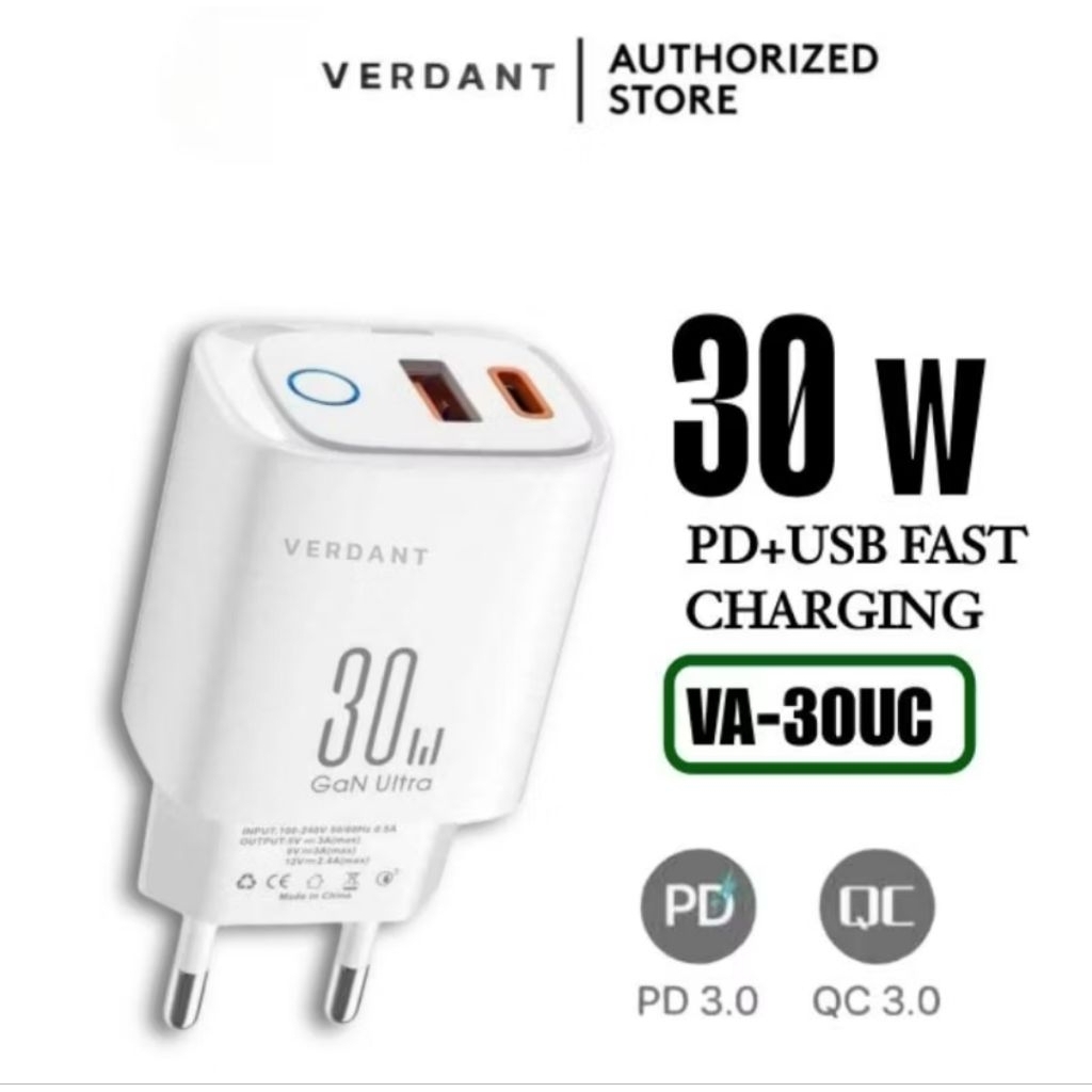 VERDANT VA-30UC ADAPTER ชาร์จเร็ว USB 30W QC3.0 PD FAST CHARGER TWO PORT TYPE C+USB