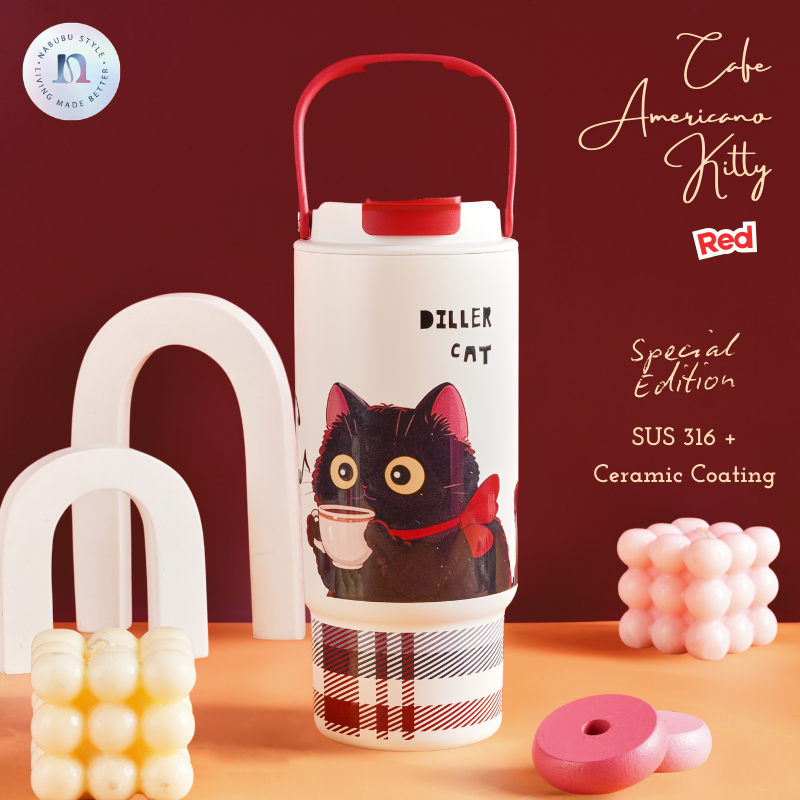 [NABUBU] Kitty Cafe Americano Red Premium Tumbler Stainless Steel SUS 316 Ceramic Coating Drink Bott