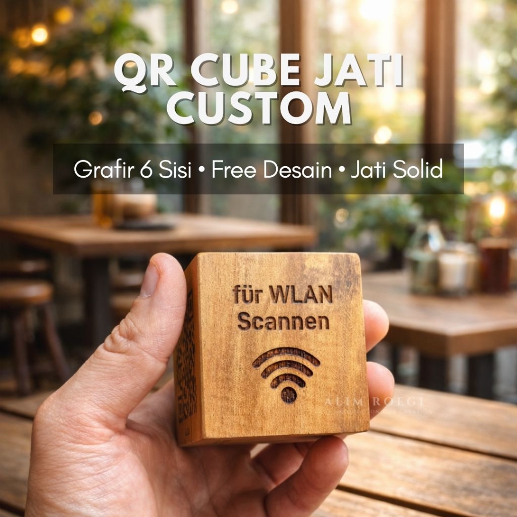 QR Cube ไม้สัก เมนูที่กําหนดเอง Cafe WiFi QRIS Scan Laser - ALIM ROEGI