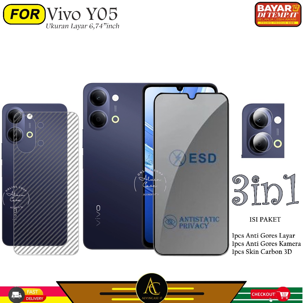 LAYAR 3in1 กระจกนิรภัย Esd Spy Vivo Y05 YO4 แพ็คเกจเต็มหน้าจอ