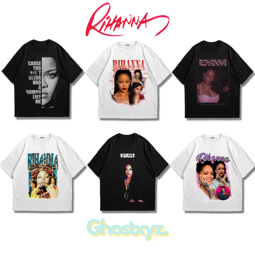 Ghostxyz เสื้อยืด Rihanna สีดําสีขาว Oversize Vintage Tee