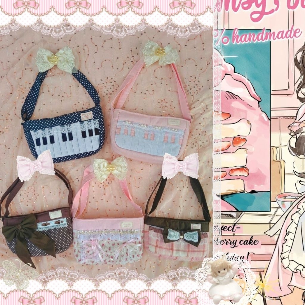 แฮนเมด (PRE ORDER) กระเป๋าสะพาย กระเป๋าสะพายผ้า patchwork coquette, core angelcore, dollette, ballet