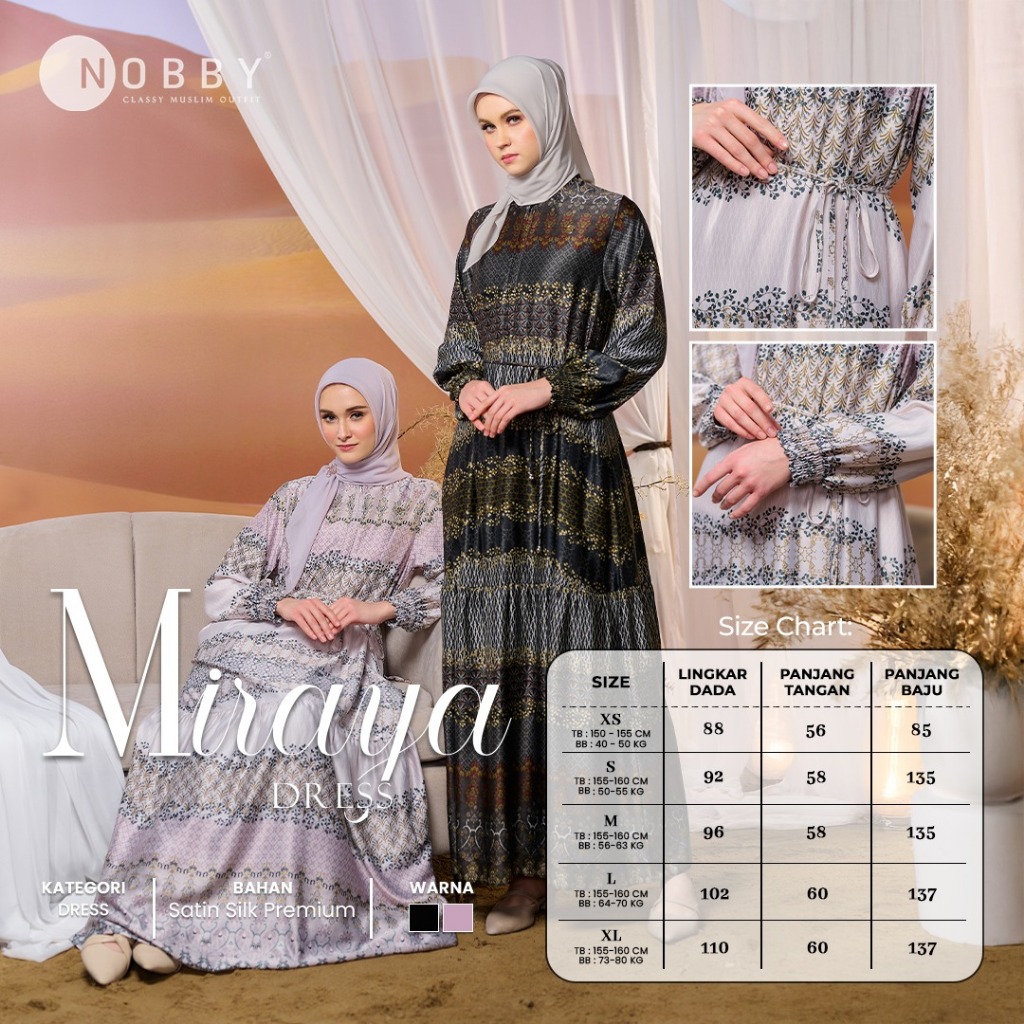 Nobby Miraya Dress Womens Gamis Silhouette A Line Front Zipper Premium Satin Silk Material