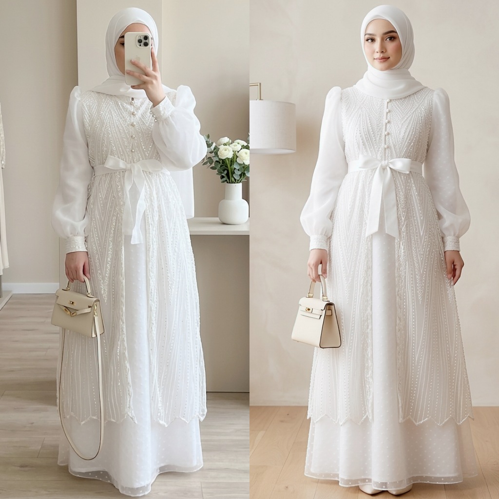 ชุดเดรสให้นม 2-ใน-1 สีขาวพร้อมเสื้อกั๊กกระเบื้อง กระดุมปัก ออร์แกนซ่า การผสมผสาน เสื้อผ้ามุสลิม วิมา