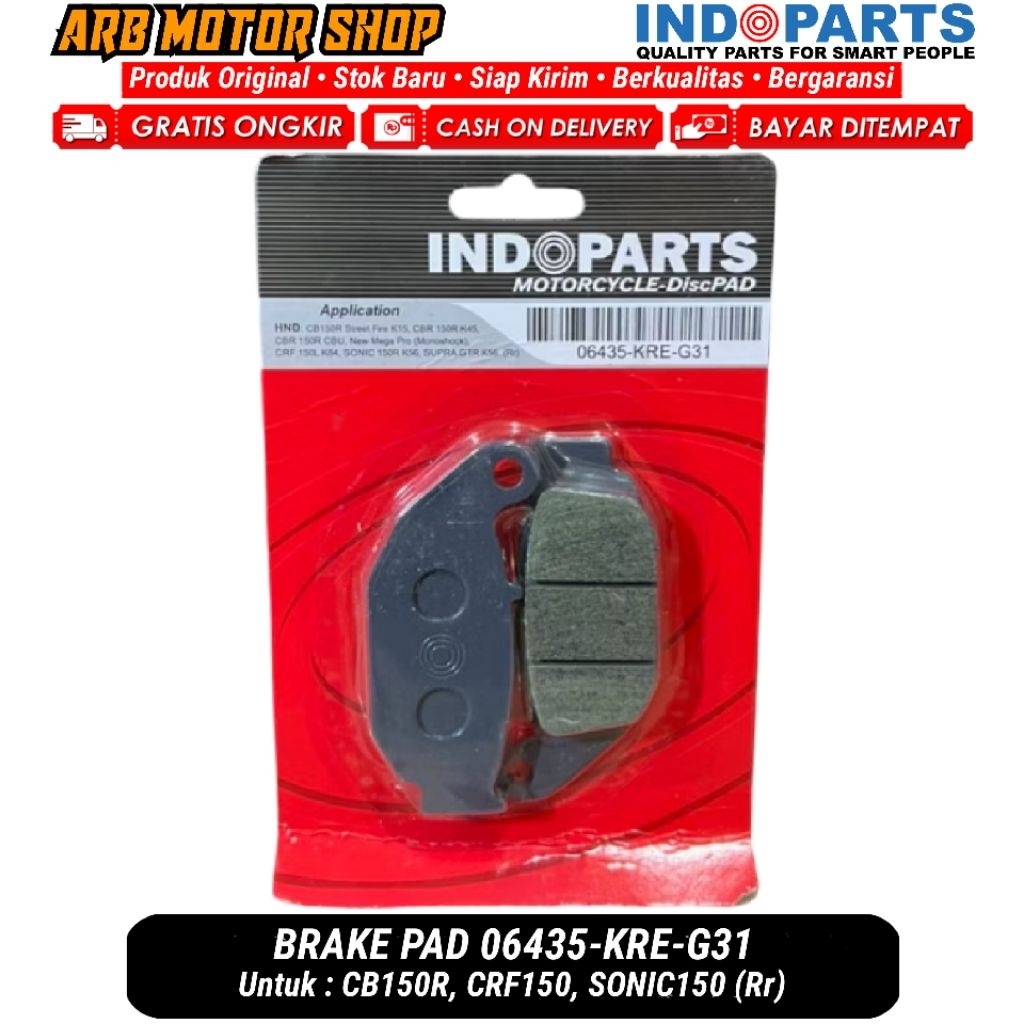 Original INDOPARTS 06435-KRE-G31 ผ้าเบรคหลังสําหรับ CB150R StreetFire, CBR150R, Mega Pro ใหม่, CRF15