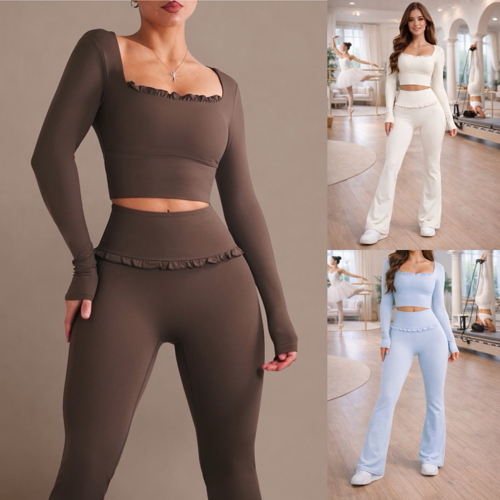 [ใหม่!] Premium SET Pilates Gym Yoga Barre Ruffled Pilates Matching Flared Leggings + Top | ชุดกีฬา
