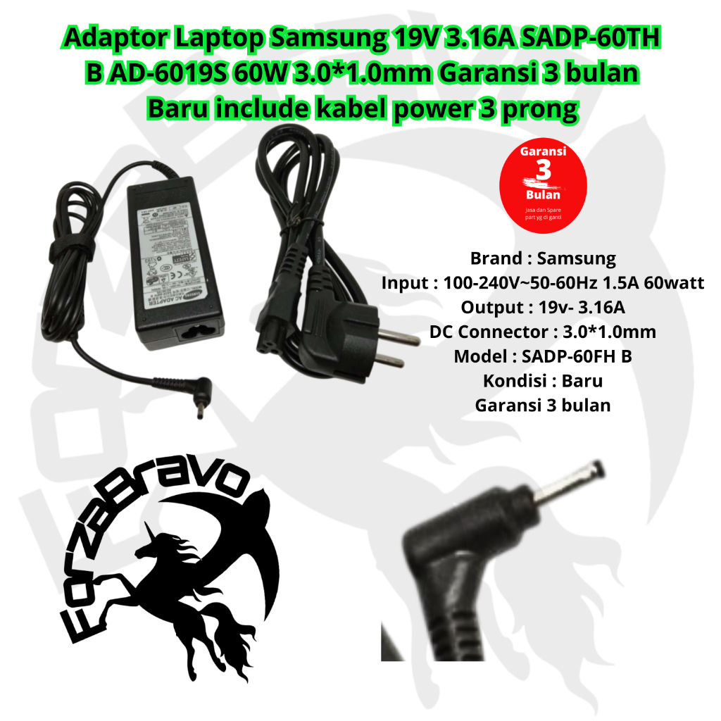 Samsung 19V 3.16A แล็ปท็อปชาร์จ SADP-60TH B AD-6019S 60W 3.0*1.0 มม.รับประกัน 3 เดือนใหม่ประกอบด้วยส