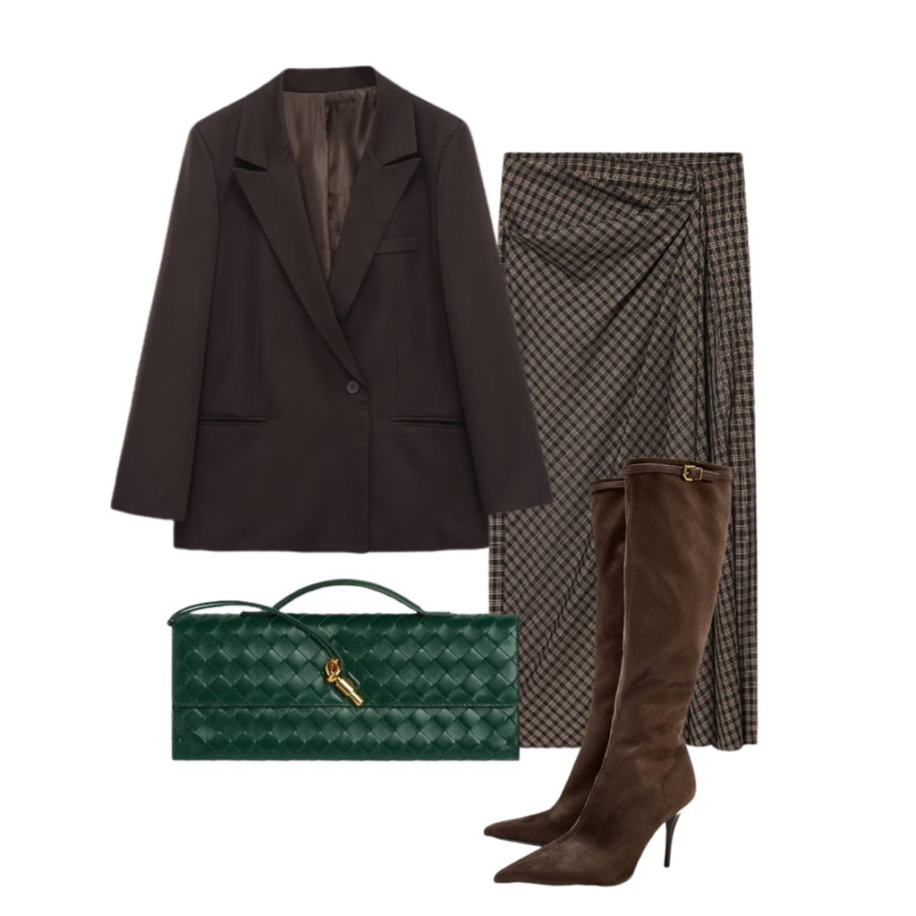 Maji.fashion Coffee Oversize Blazer /Khaki กระโปรงห่อลายสก๊อต