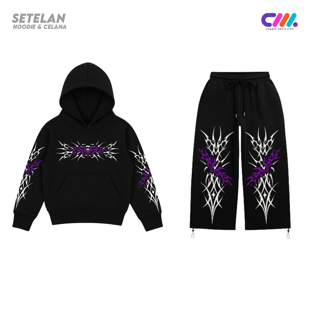 COMBEDMEDIA ชุดเสื้อฮู้ดและกางเกงสีดําสําหรับเด็ก Unisex อายุ 7-12 ปีขนแกะ Savage