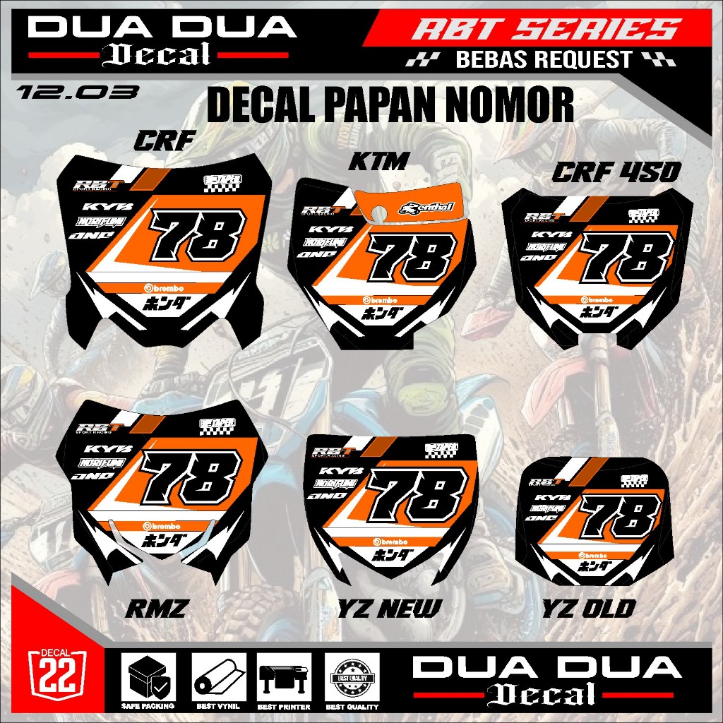 สติ๊กเกอร์แผ่นหมายเลขสติ๊กเกอร์ rbt crf150l,ktm 85,yz old,yz ใหม่, RMZ, crf 250, crf450 หมายเลขขอฟรี