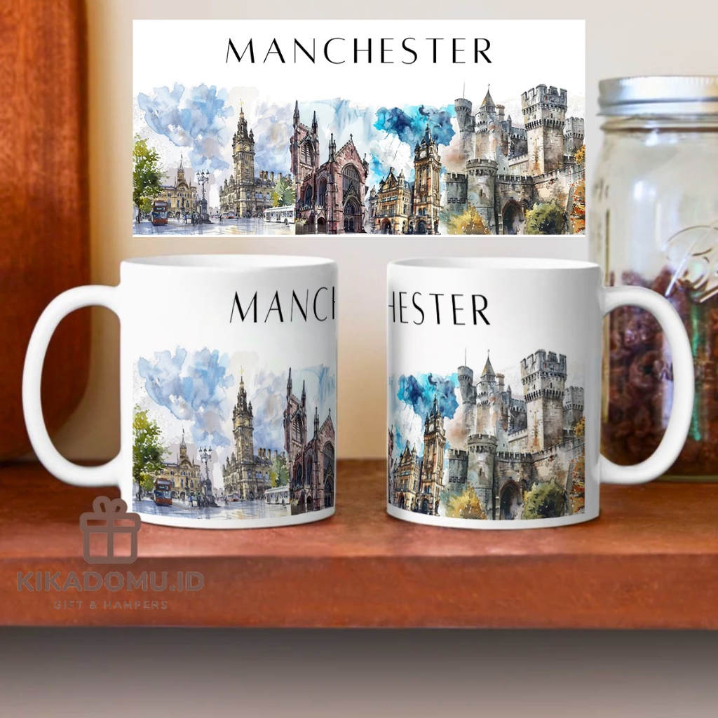 Manchester Clipart สีน้ําเมืองทั่วโลก Clipart Landmark ปลายทาง Etihad Stadium England แก้วกาแฟเซรามิ
