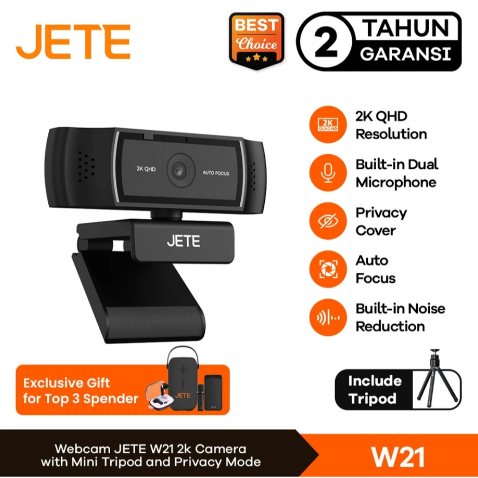 เว็บแคม JETE W21 Web Cam 2K QHD 1440p ไมโครโฟนกล้องโทรศัพท์มือถือคอมพิวเตอร์แล็ปท็อปพร้อมขาตั้งกล้อง