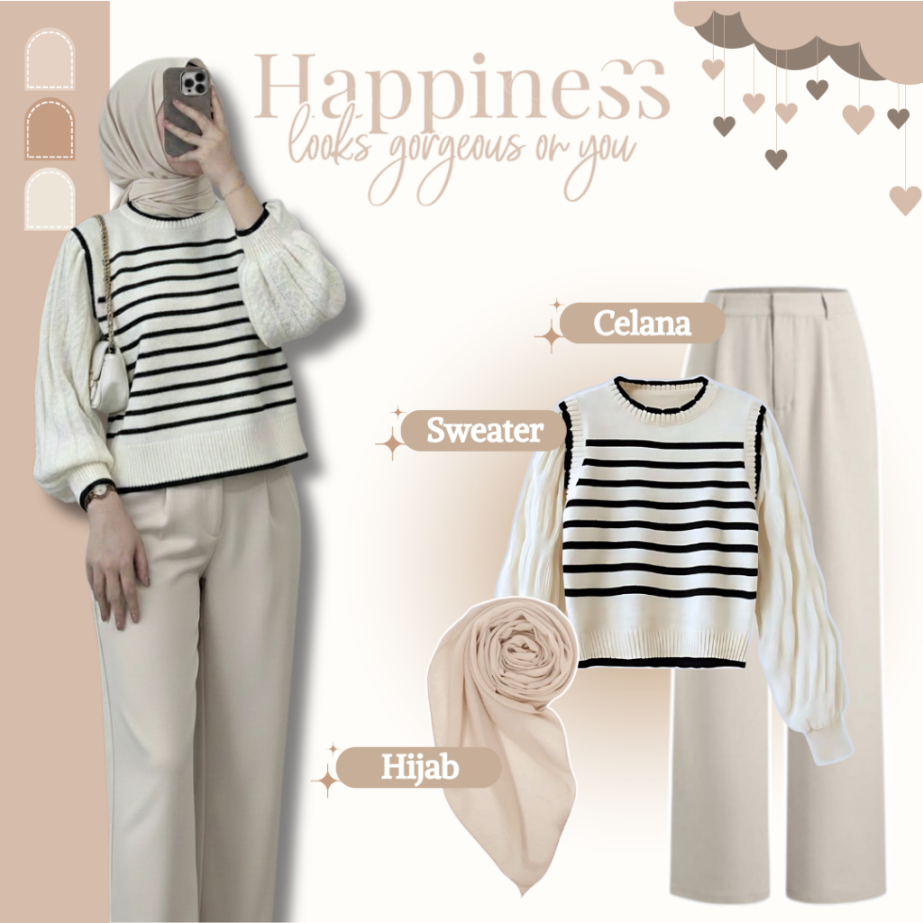 สไตล์เกาหลี 3 In 1 ชุด ll ลายเสื้อกันหนาวถักกางเกง Hijab Bella Square ll อินเทรนด์ SN168N
