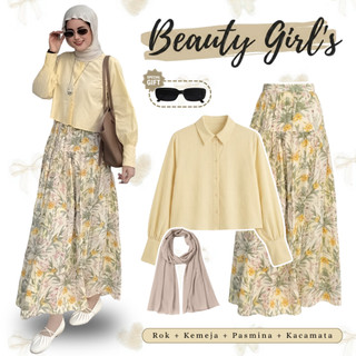 Setelan Hijab Remaja 4in1 Kekinian (Rok Floral + Kemeja Crop + Pasmina + Kacamata) Outfit Korean Style KA225