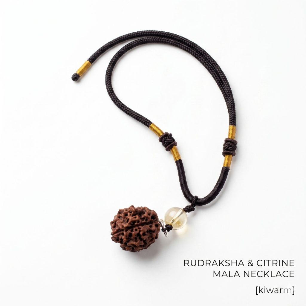 Original Rudraksha Necklace & Citrine Pendant -- คลายเครียด ความวิตกกังวล สันติภาพภายใน Minimalist M