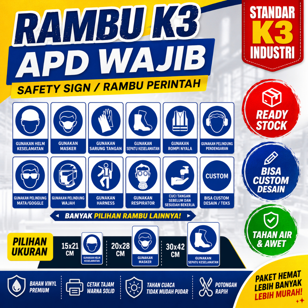 ป้ายเซฟตี้ APD K3 ป้ายบังคับใช้ APD หน้ากากหมวกกันน็อค สติ๊กเกอร์นิรภัยรองเท้า ไวนิล