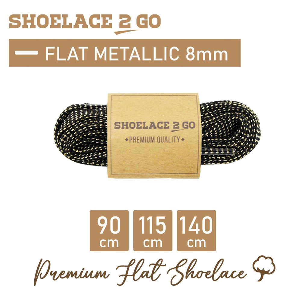SHOELACE 2 GO PREMIUM METALLIC FLAT SHOELACES 8MM - SF8 - FM1C - BLACK GOLD - 90CM 115CM 140CM