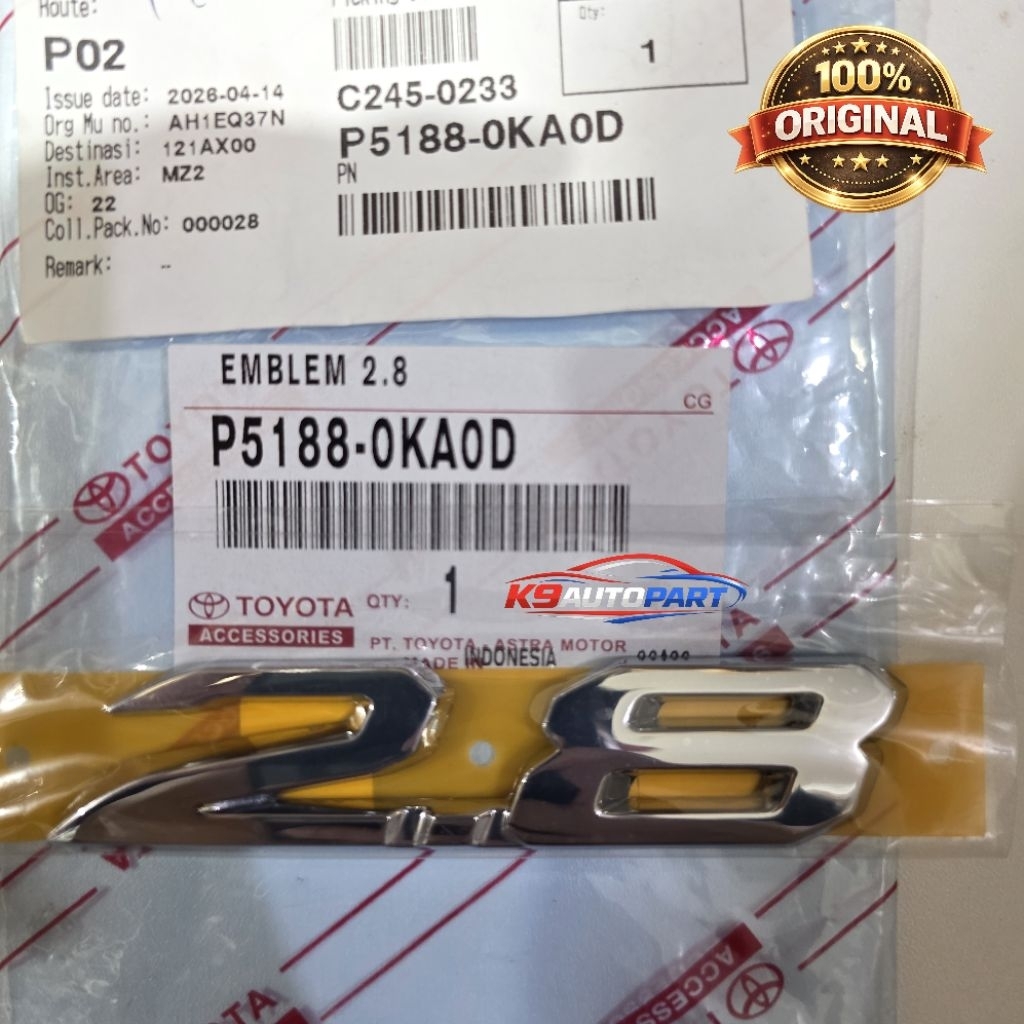 สัญลักษณ์โลโก้ด้านหลัง 2.8 Fortuner 2022 Original P5188-0KA0D Original PNP