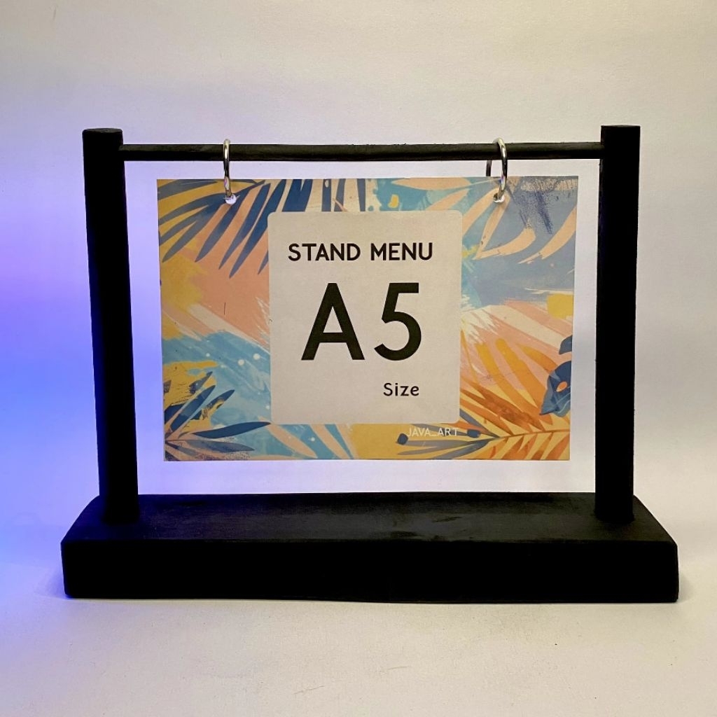 GANTUNGAN A5 LANDSCAPE MULTIFUNCTIONAL BLACK EDITION WOODEN MENU STAND BROCCURE HOLDER QRIS HOLDER I