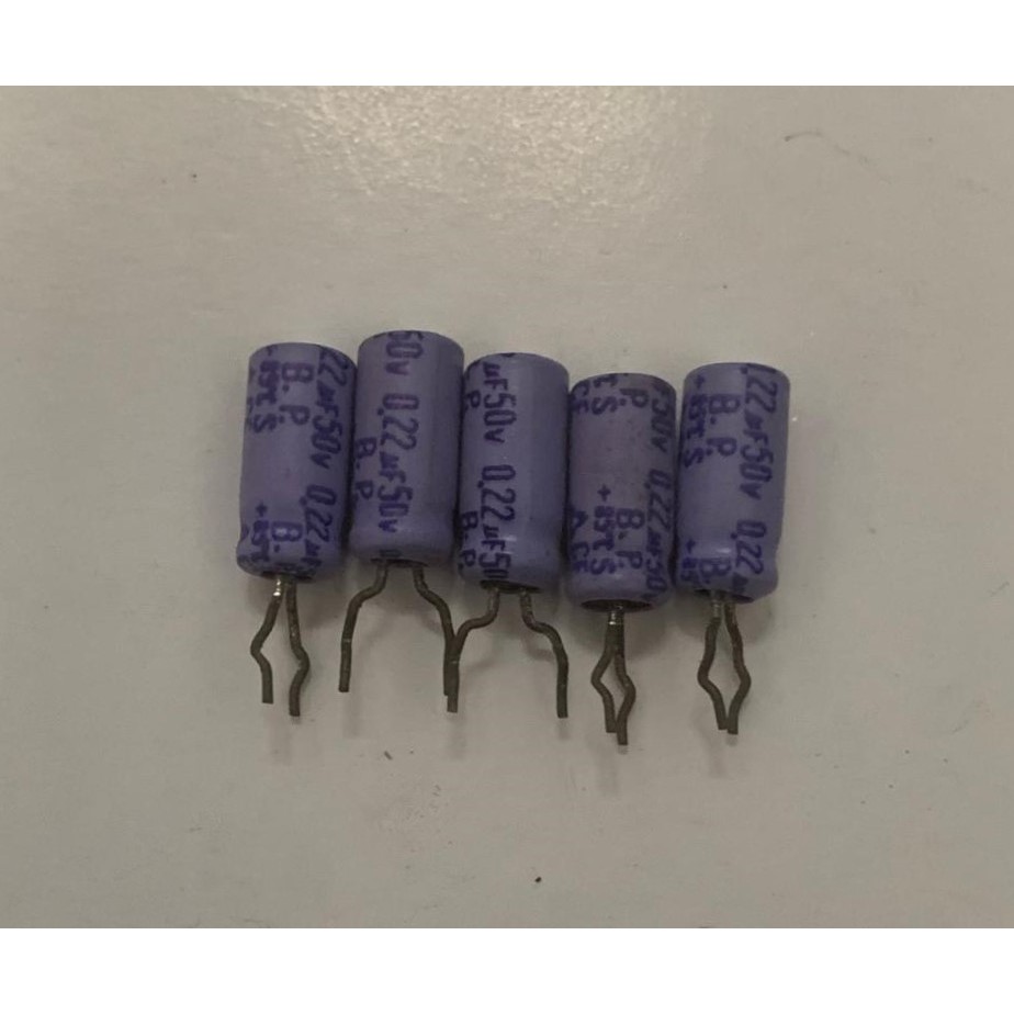 Elco Capacitor 0.22uf 50v CE Bipolar - ต่อ 5 ชิ้น: Rp. 10,000; SKU: ELC_0.22uf50v_CE-BP_per5ชิ้น