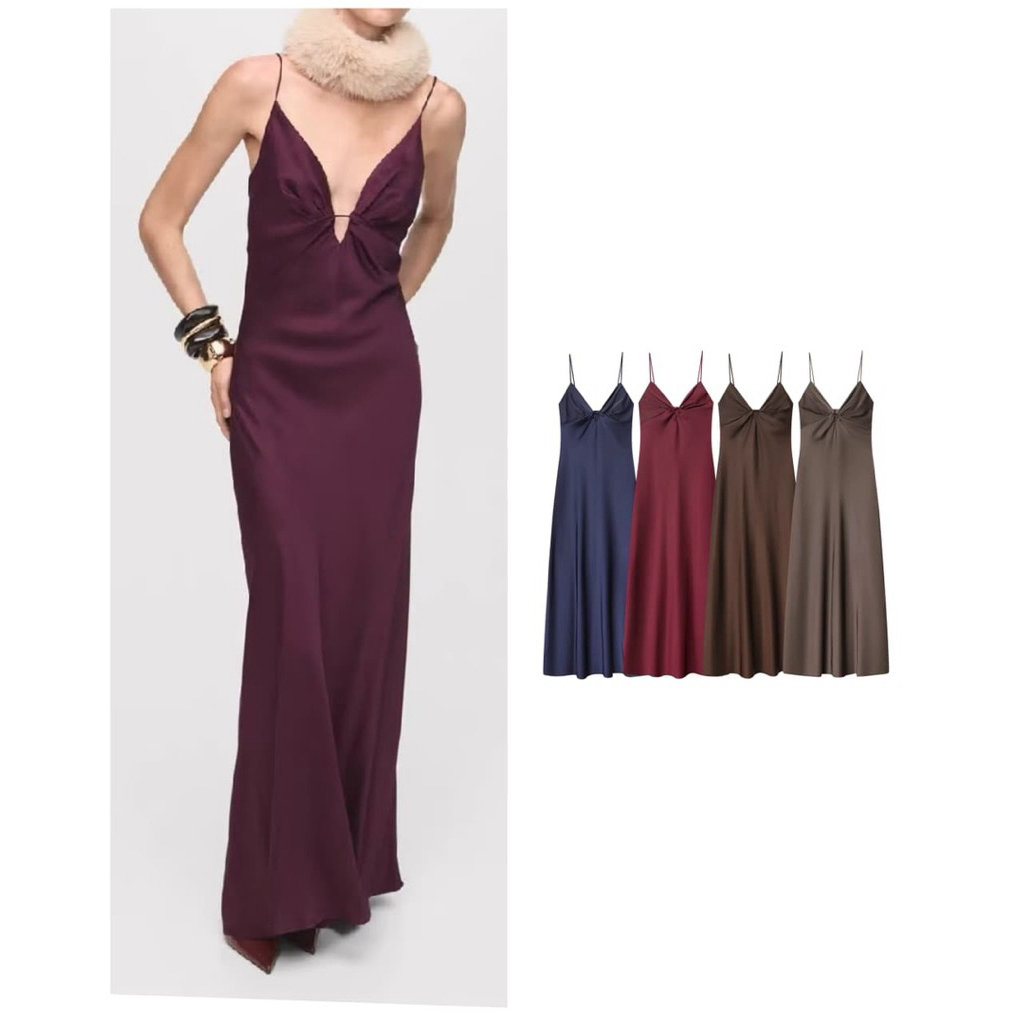 Maji.fashion Red/Khaki/Blue V Neck Satin Wedding Guest Dress