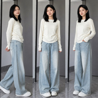 Celana jeans high waist wanita korean style Jeans baggy pants Serbaguna Kasual Biru Retro