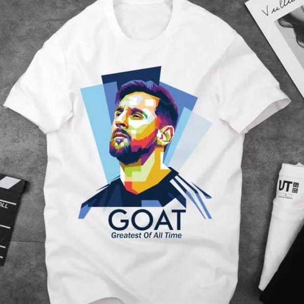 เสื้อยืดสีขาวพร้อม GOAT Greatest Of All Time Messi 30s Football Player Face Painting Motif เสื้อยืดพ