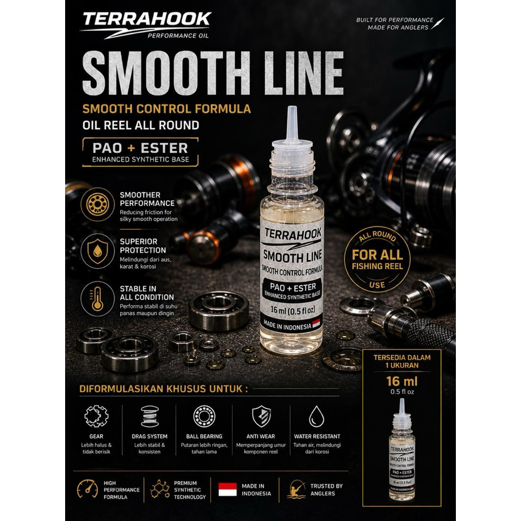 TERRAHOOK SMOOTH LINE SYNTHETIC REEL OIL 16ML SMOOTH สําหรับม้วนตกปลาทั้งหมด
