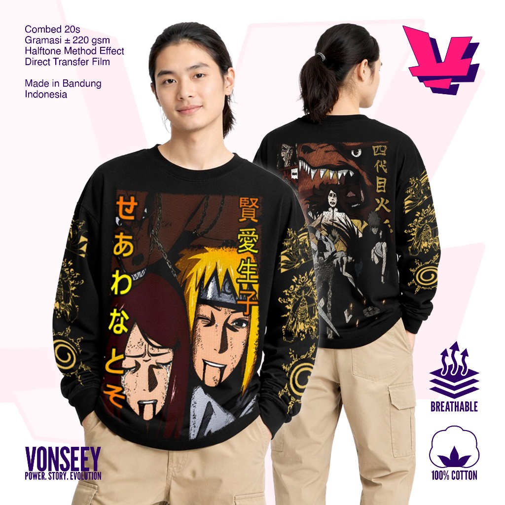 VONSEEY OVERSIZE MINATO KUSHINA UZUMAKI NARUTO ANIME MANGA TSHIRT COMBED MATERIAL 20S สีดํา