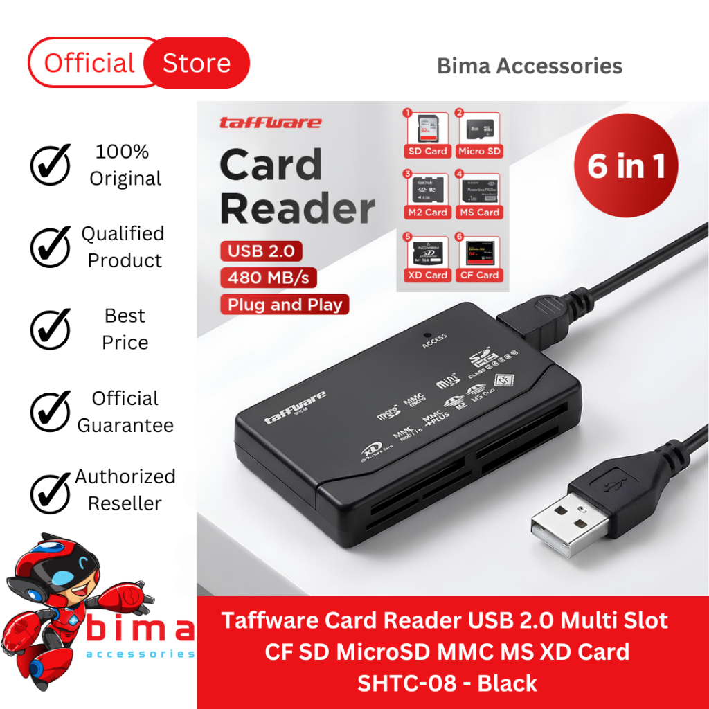 USB HUB Card Reader 2.0 Multi Slot CF SD Micro SD MMC MS XD Card Taffware SHTC-08 - สีดํา